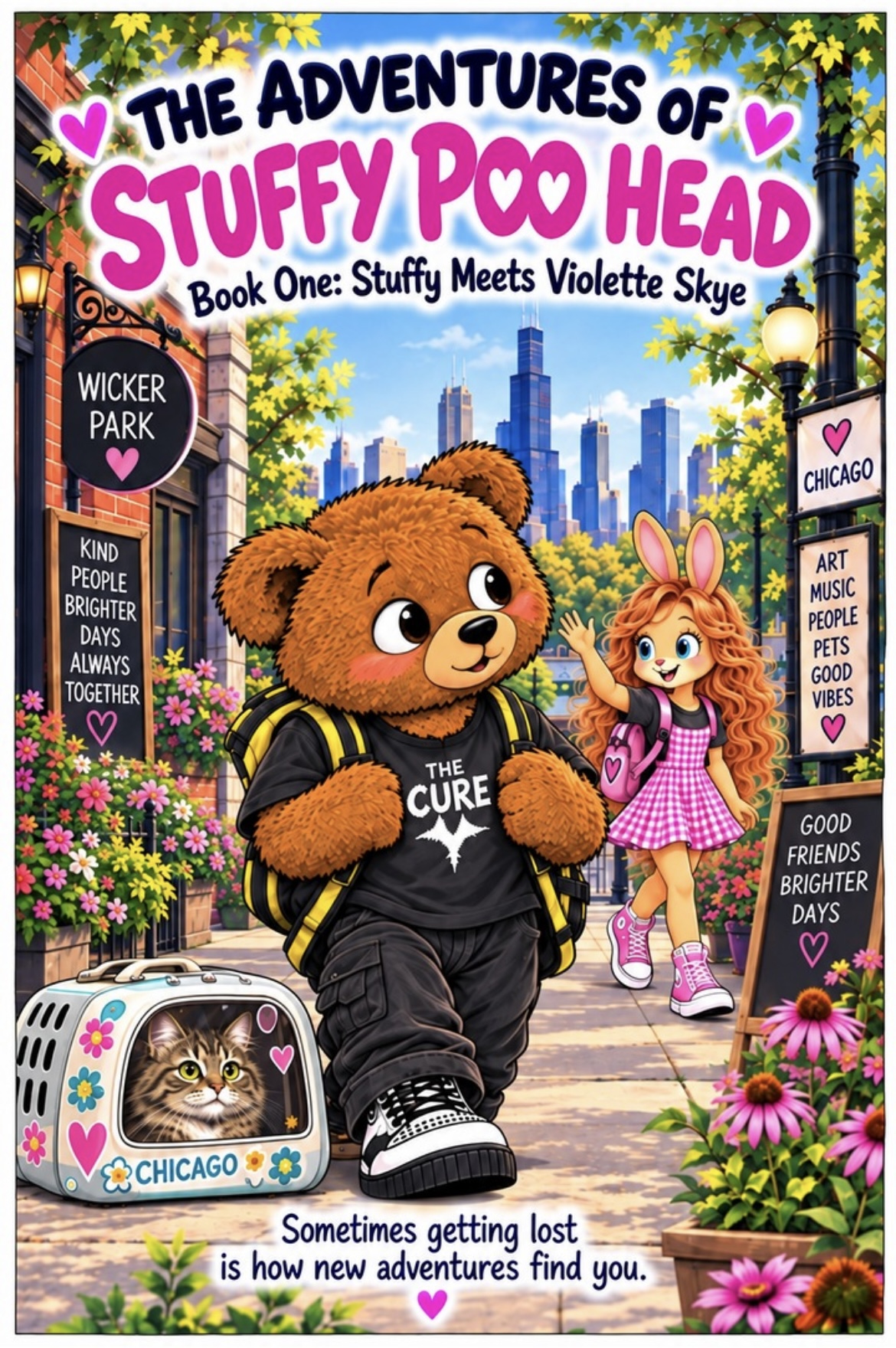 Book cover of The Adventures of Stuffy Poo Head: Book One — Stuffy Meets Violette Skye, showing Stuffy and Violette Skye walking through Wicker Park with the Chicago skyline behind them